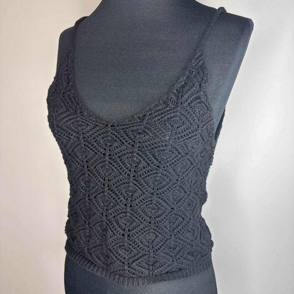 Y2k Revamped Black Chunky Knitted Crochet Cropped Cami Tank Top Sheer Small Goth